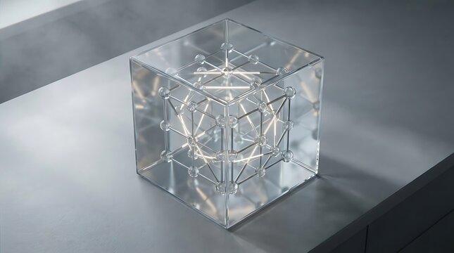 A transparent glass cube enclosing an intricate glowing molecular structure representing biochemical stability