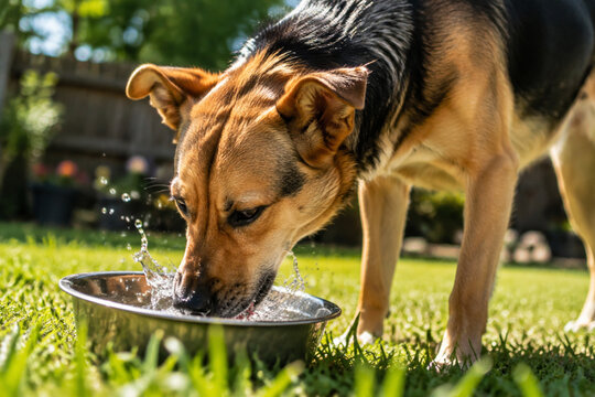 Dog drinking water from metal bowl in backyard, pet hydration and thirst