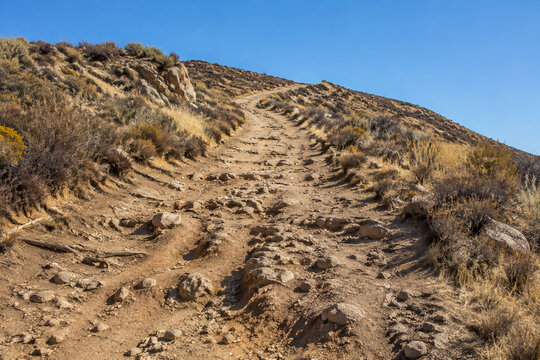 Steep unpaved trail on dry rocky hillside with ruts and exposed roots, arduous hiking path concept