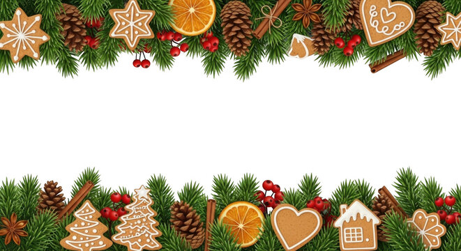 Christmas holiday border with gingerbread and pine branches isolated on transparent background
