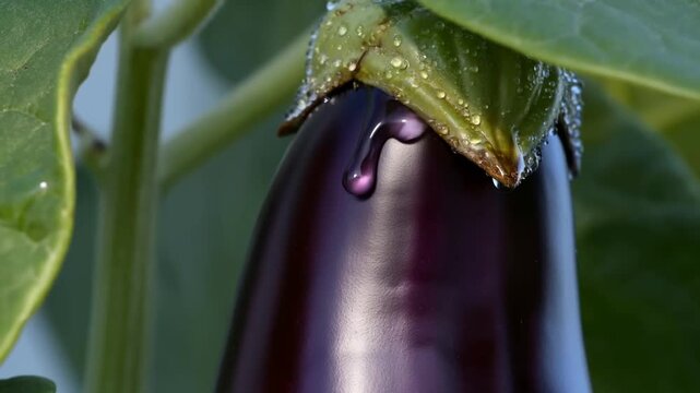 Purple eggplant hanging beneath watercovered leaves on a green garden plant