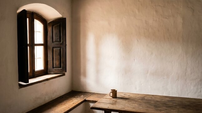 Rustic interior scene with an arched window, wooden shutters, and a simple wooden table with a cer &mdash; a cinematic green screen background for historical films, period dramas, and cultural documentaries