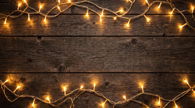 Christmas fairy lights glowing on a rustic dark wooden background