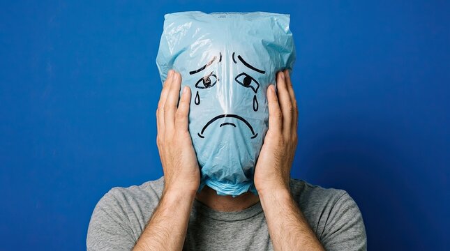Person holding transparent plastic bag over head with drawn sad face against blue background with expression against solid featuring drawn everyday life person covers drawing face translucent with sky