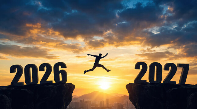 Man jumping from year 2026 to 2027 on cliff at sunset new year concept