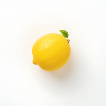 Single ripe yellow lemon with green stem on white background.