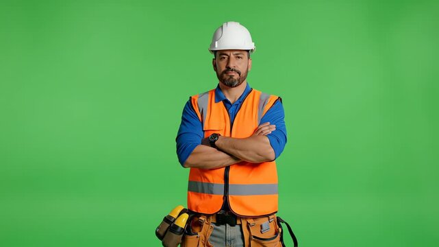 Construction Worker in Hard Hat and Safety Vest, Green Screen Background
