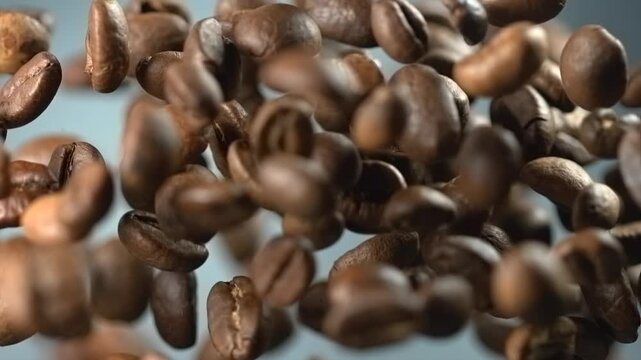 Coffee beans falling through the air in slow motion
