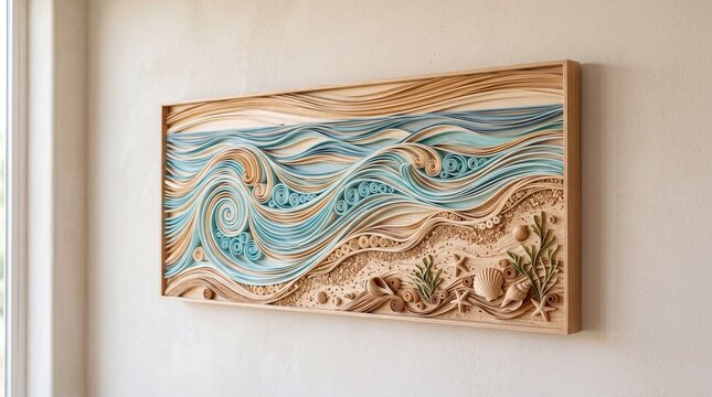A wall painting in a wooden frame depicting waves, made from veneer and birch bark using the quilling technique.