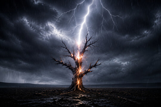 A solitary dead tree struck by lightning in a stormy landscape.