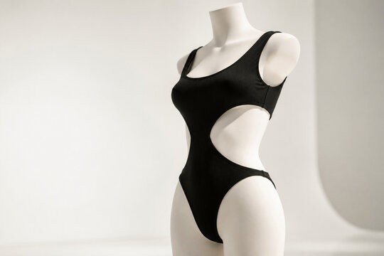 Faceless dress form mannequin wearing black cutout monokini, studio cyclorama, swimwear display
