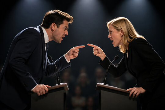 Two debaters leaning aggressively towards each other on a stage, pointing fingers.