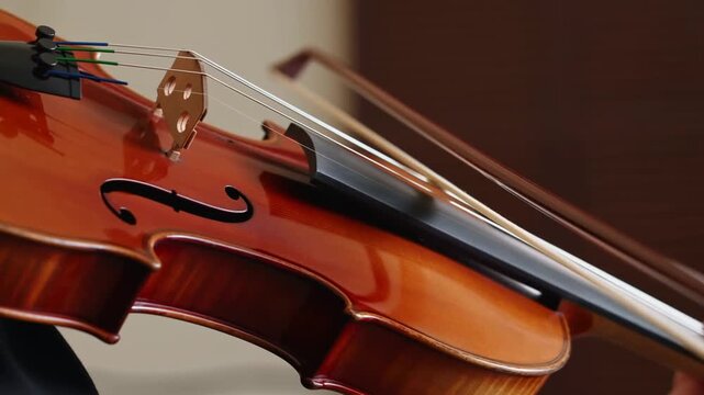 Violin and bow resting across polished strings in warm indoor closeup setting