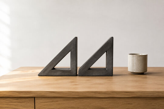 Two identical triangular bookends in row on oak desk with ceramic cup, minimalist desk organization concept