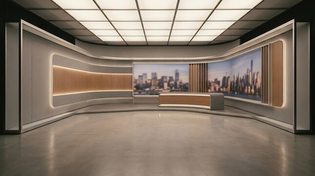 Sophisticated modern news studio set with integrated city skyline displays, curved wooden desk and bright &mdash; a professional green screen background for news broadcast, TV studio, and anchor desk videos
