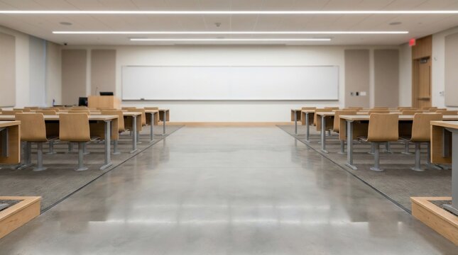 Structured academic environment in a modern lecture hall with organized rows of wooden desks, a large instru &mdash; a versatile studio background for green screen video production and virtual presentations