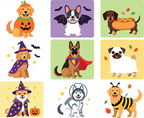 Obraz premium Cute Halloween Dogs Vector Icon Set Featuring Golden Retriever, Pug, French Bulldog, and German Shepherd Wearing Funny Festive Costumes