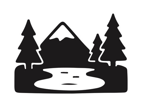 Minimalist mountain landscape with river and trees silhouette