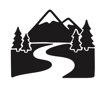 Minimalist mountain landscape with river and trees silhouette