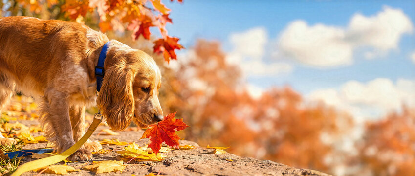 Golden cocker spaniel dog wearing a blue collar sniffing a red maple leaf on a stone path. Sunny autumn park landscape with yellow foliage under a blue sky with wide banner copy space