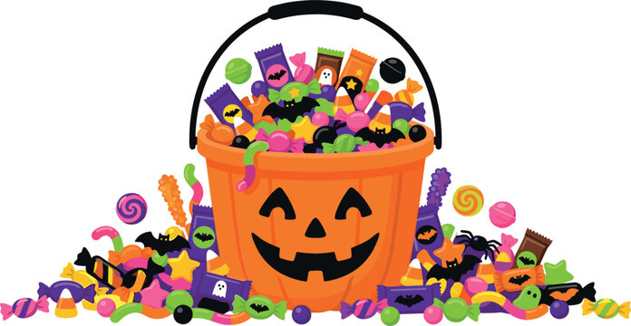 Spooky Halloween Pumpkin Bucket Vector Illustration Overflowing and Surrounded by Festive Candies, Lollipops, Chocolates, and Sweets for Autumn Graphic Designs