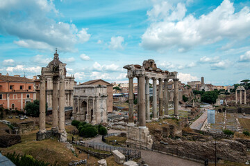 Panoramic view of the ancient Roman Forum with the Temple of Saturn and Arch of Septimius Severus in Rome Italy © bubutu