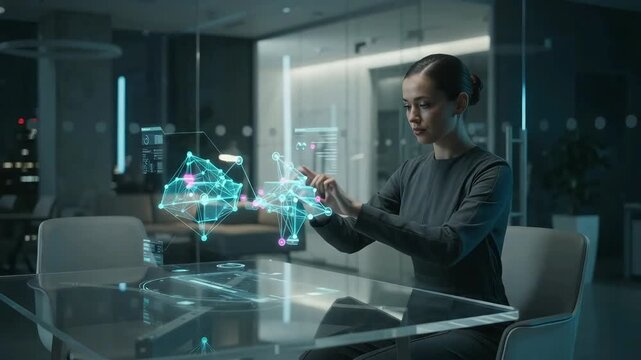 Woman interacting with futuristic holographic interface and architectural data model in a modern office environment