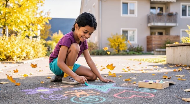 Young girl drawing colorful sidewalk chalk art on asphalt outdoors surrounded by falling autumn leaves. Smiling child playing in courtyard with chalk heart, flower and star drawings during fall