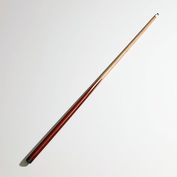 Wooden billiard cue rests against a plain white background.