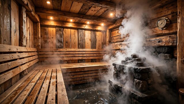 Sauna Healthcare and Medicine Therapy Cabin Interior with Steam Rising from Hot Stones on Rustic Stove for Finnish Bath Wellness and Relaxation