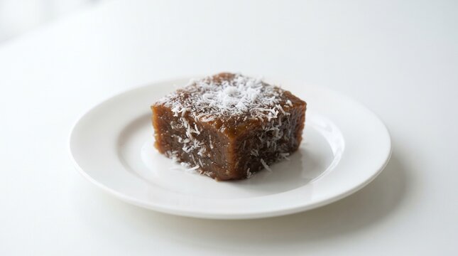 Malaysian kuih kaswi with grated coconut on white plate, traditional dessert