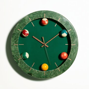Billiard clock sits against white background.