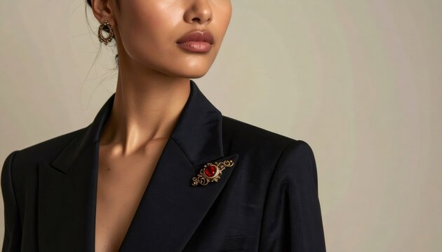 Woman wearing an elegant blazer with vintage brooch