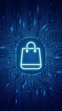 Glowing neon shopping bag icon centered on digital circuit board technology background with digital commerce cyber shopping electronic sto