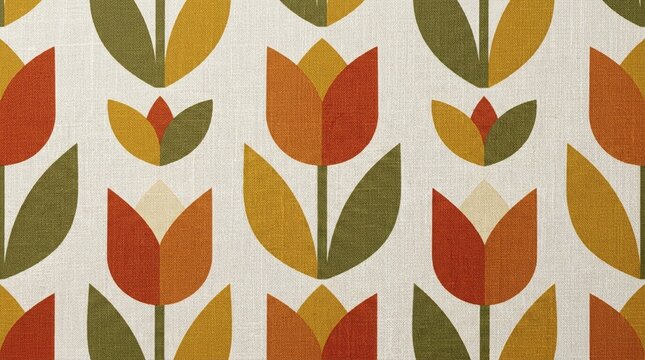 Mid-Century Modern Abstract Seamless Pattern With Geometric Olive Green Tulips