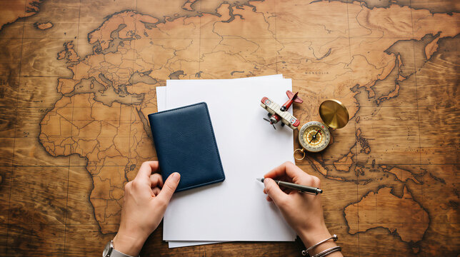 Hands planning a trip on a vintage world map.
