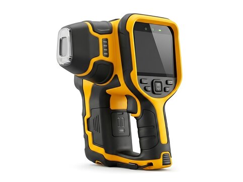 Handheld XRF Alloy Analyzer Gun for Metal Material Testing Isolated on White/ Portable Non-Destructive XRF Spectrometer Gun for Industrial Metallurgy Quality Control
