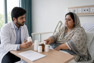 Fototapeta premium Pharmacy Medication Reconciliation Care-transition Scene At A Hospital Bedside