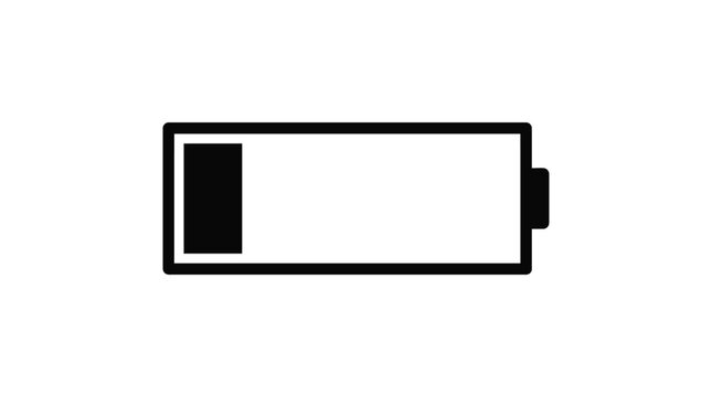 Minimalist vector graphic illustration showing black battery symbol with low charge