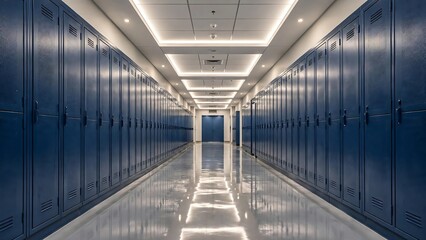 Obraz premium Vanishing Point Perspective of School Hallway with Blue Lockers