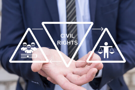 Concept of civil rights. Know your rights. Civil participation. Business person using virtual touch screen sees the text CIVIL RIGHTS.