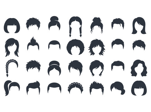 Minimalist hair silhouette collection, 28 diverse hairstyle icons for men and women, black vector hair shapes for character design