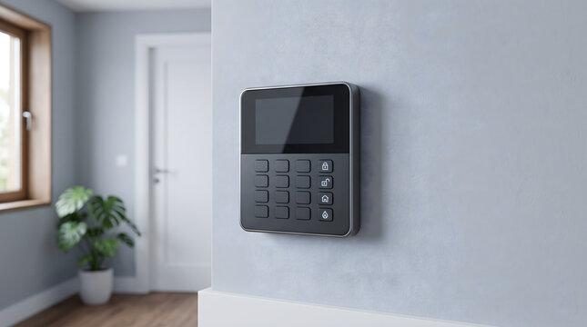 Smart home security keypad mounted on wall interior living room