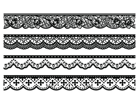 Vintage black lace borders set, decorative floral lace trim vectors, elegant scalloped ribbon patterns for wedding stationery