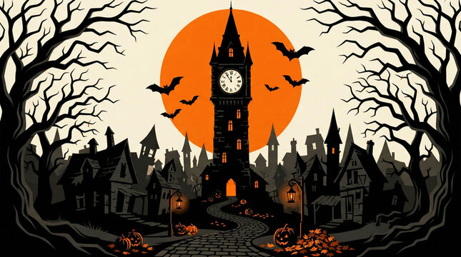 Spooky Halloween Clock Tower Village Vector Illustration With Harvest Moon