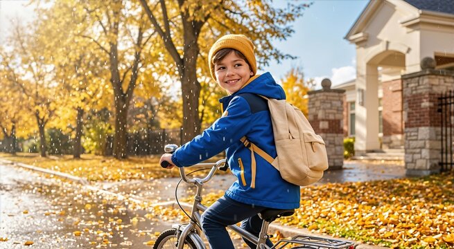 Smiling young boy in blue jacket and yellow beanie riding bicycle outdoors on autumn pathway. Happy child cycling past school building under golden autumn leaves and sunshower rain drop light