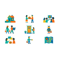 Fototapeta premium Flat design icon set depicting Halloween activities like trick-or-treating, costume, and house decorations.