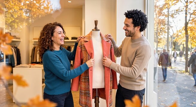 Smiling fashion stylists adjusting patterned coral wool coat on mannequin in store window. Man and woman working together on autumn clothing display in boutique with fall trees outside