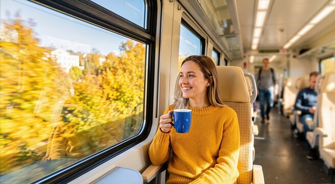 Smiling young woman holding blue mug while sitting inside passenger train carriage. Female traveler looking out large window at motion blurred golden autumn foliage and yellow trees in sunlight