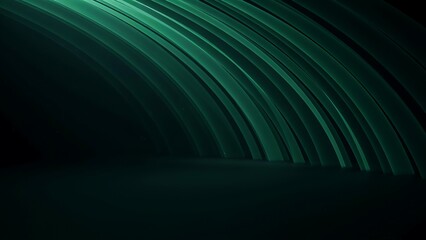 Obraz premium Emerald green abstract light trails on black background. Futuristic curved neon lines. Dark cinematic motion blur texture for technology backdrop.